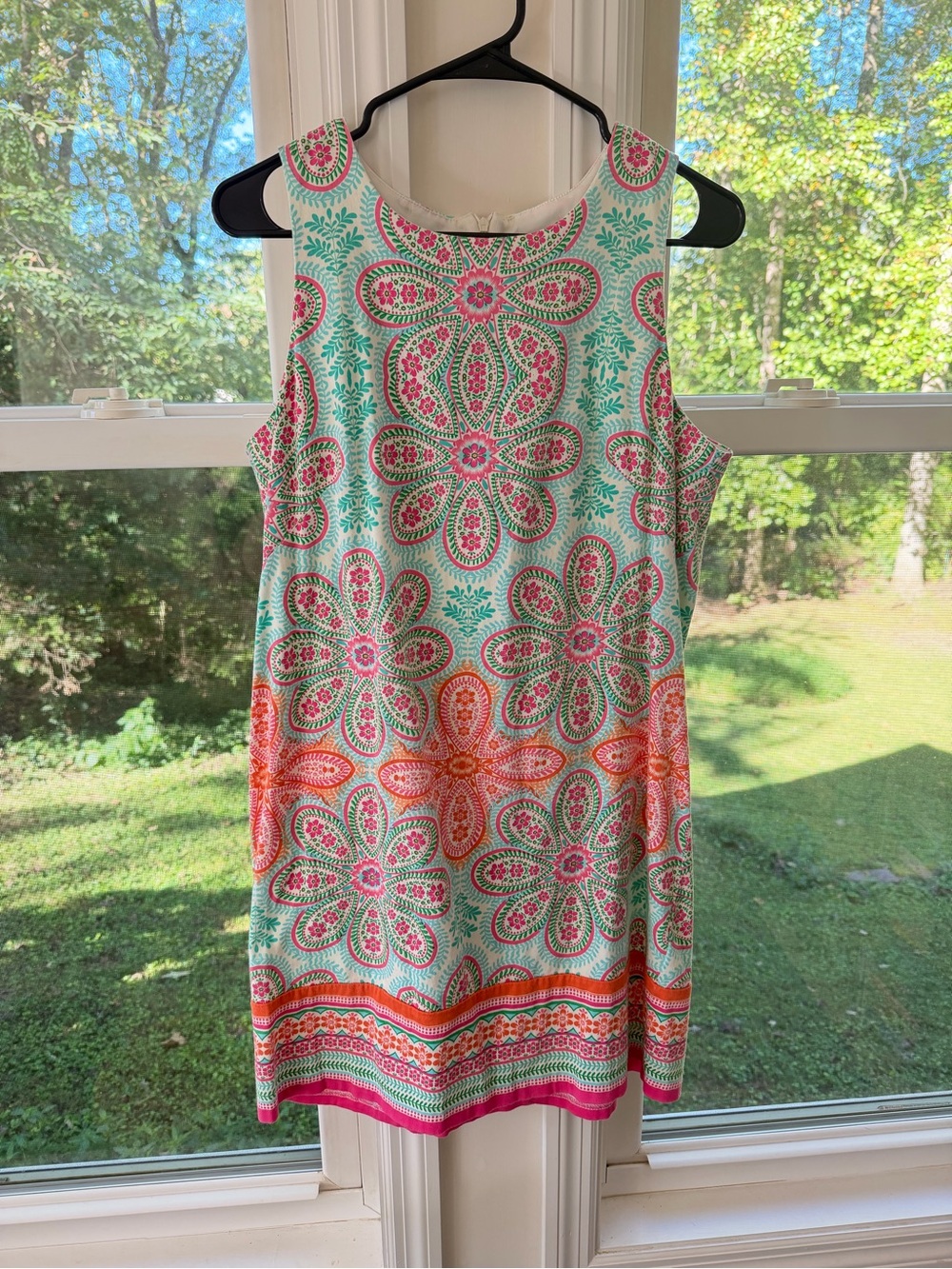 London Times Sleeveless Shift Dress in Coral, Mint & Pink
